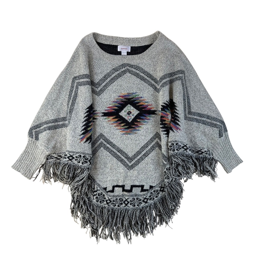 Southwestern Boho Knit Poncho Fringe Hem OS Kamana